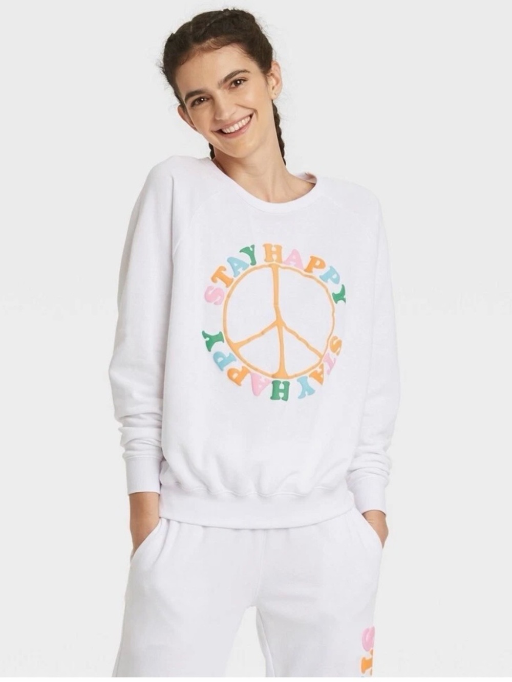 Revolution White 'Stay Happy' Graphic Crewneck Sweatshirt